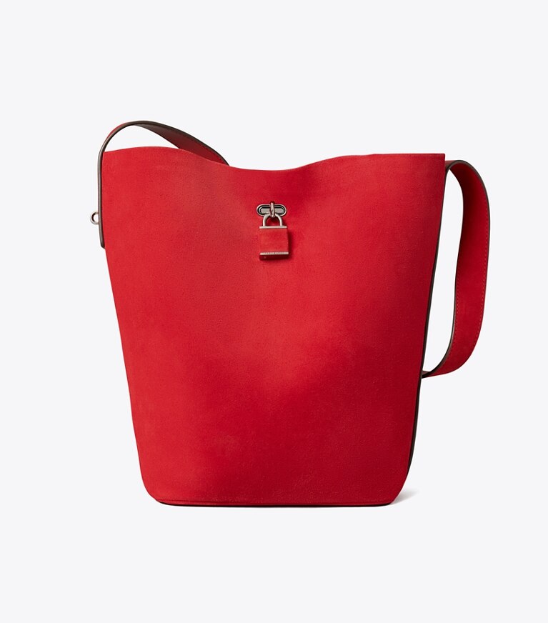 Tory Burch diseñador bolsos de hombro Bolso bucket fino de gamuza en Toucan Red frente