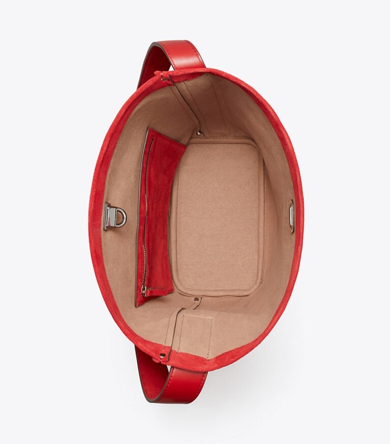 Tory Burch diseñador bolsos de hombro Bolso bucket fino de gamuza en Toucan Red vista superior