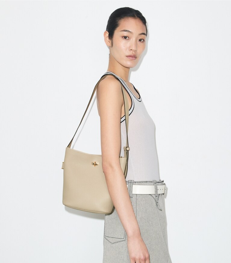 Tory Burch diseñador bolsos de hombro Bolso bucket fino mediano con cierre en Light Stone adicional en modelo