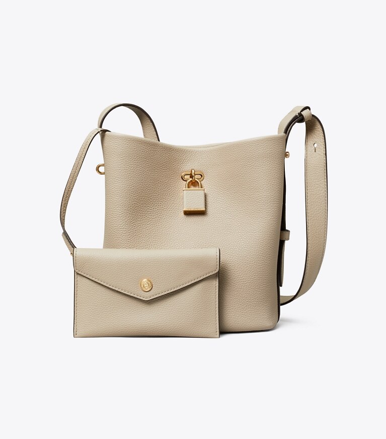 Tory Burch diseñador bolsos de hombro Bolso bucket fino mediano con cierre en Light Stone adicional