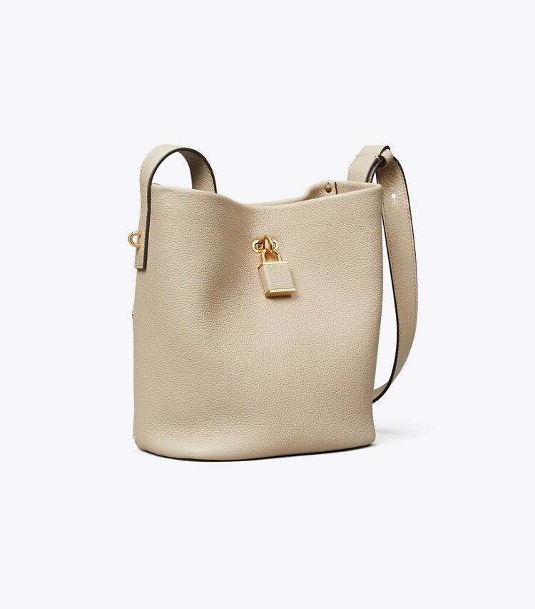 Tory Burch diseñador bolsos de hombro Bolso bucket fino mediano con cierre en Light Stone ángulo