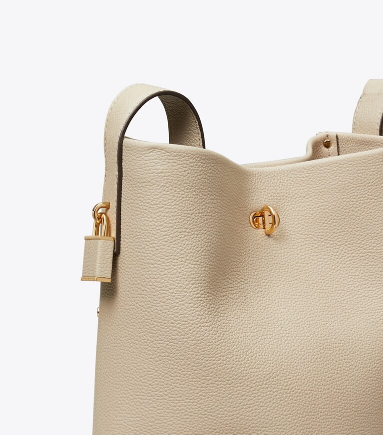 Tory Burch diseñador bolsos de hombro Bolso bucket fino mediano con cierre en Light Stone detalle