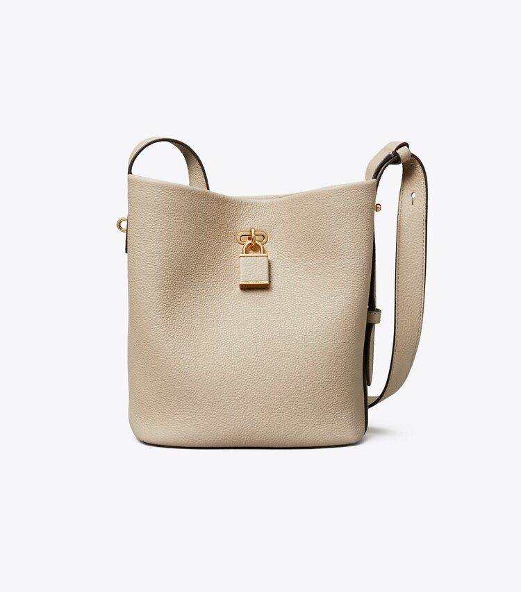 Tory Burch diseñador bolsos de hombro Bolso bucket fino mediano con cierre en Light Stone frente