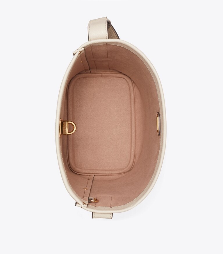 Tory Burch diseñador bolsos de hombro Bolso bucket fino mediano con cierre en Light Stone vista superior