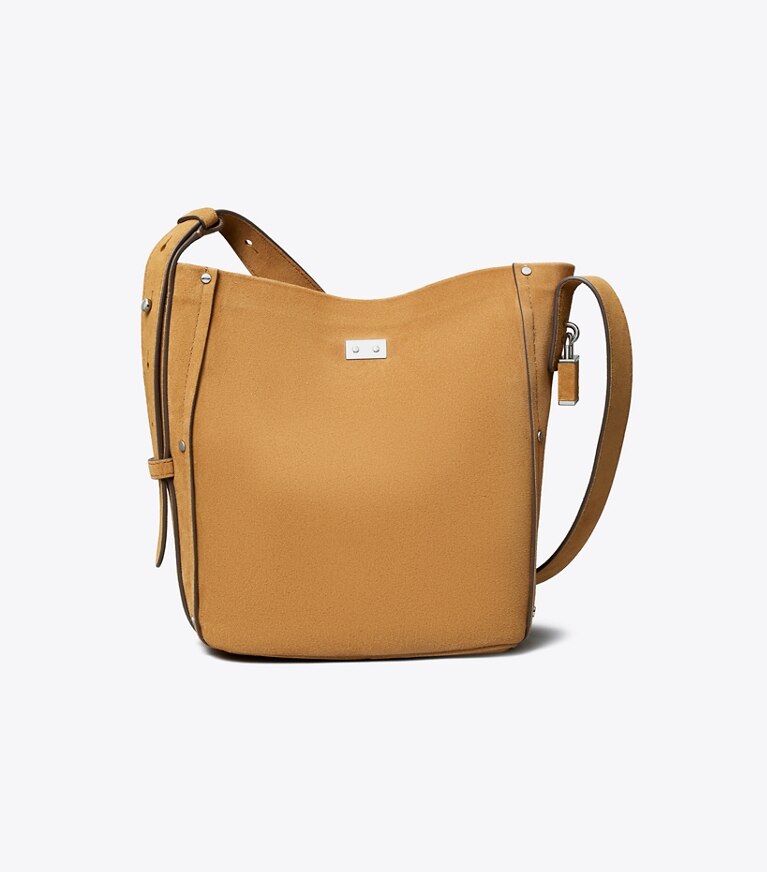 Tory Burch diseñador bolsos de hombro Bolso bucket fino mediano de gamuza con broche en Toffee volver