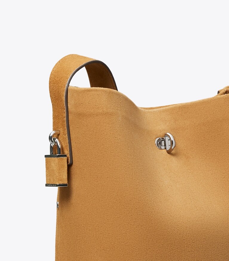 Tory Burch diseñador bolsos de hombro Bolso bucket fino mediano de gamuza con broche en Toffee detalle