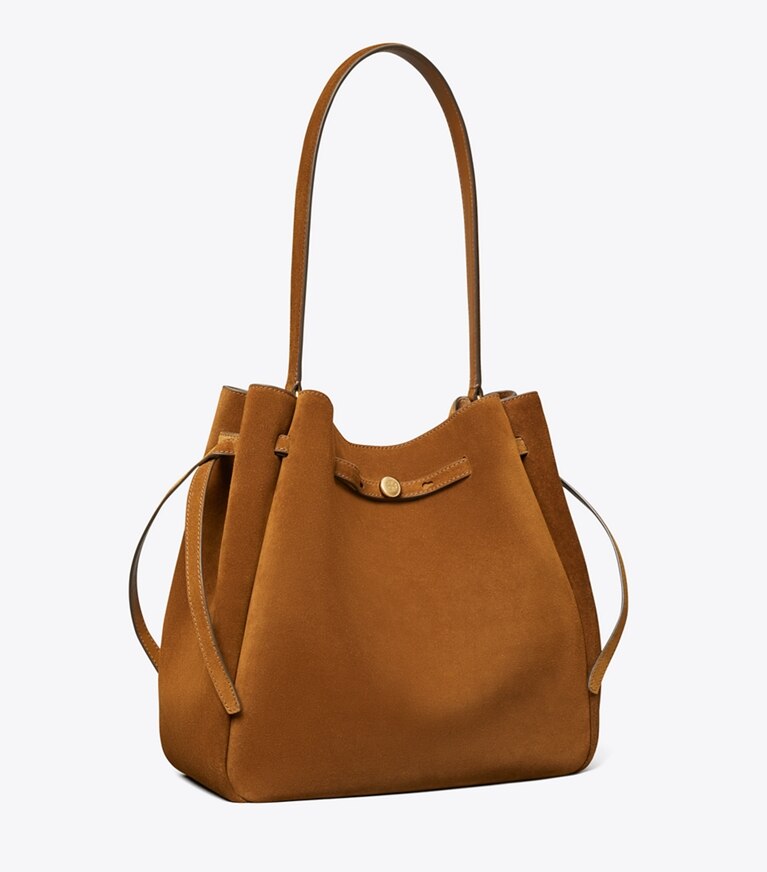 Tory Burch diseñador bolsos de hombro Bolso bucket grande de gamuza Romy en Caramel ángulo