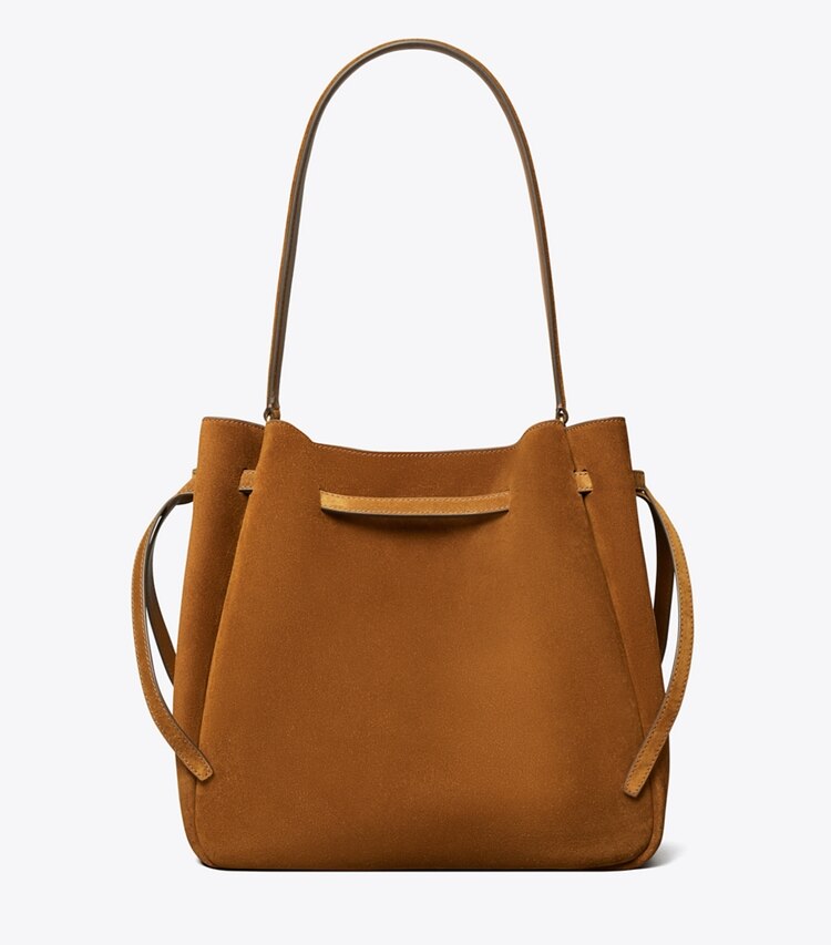 Tory Burch diseñador bolsos de hombro Bolso bucket grande de gamuza Romy en Caramel volver