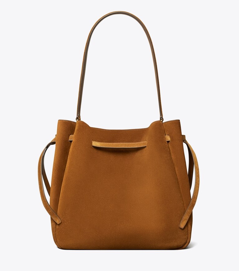 Tory Burch diseñador bolsos de hombro Bolso bucket grande de gamuza Romy en Caramel volver