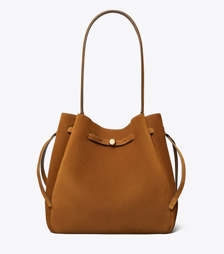 Tory Burch diseñador bolsos de hombro Bolso bucket grande de gamuza Romy en Caramel frente