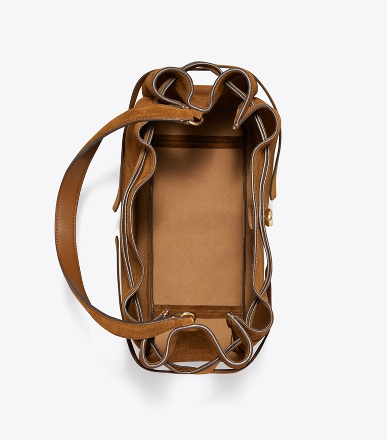 Tory Burch diseñador bolsos de hombro Bolso bucket grande de gamuza Romy en Caramel vista superior