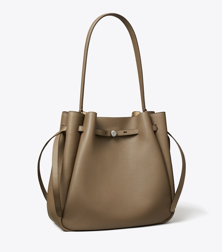 Tory Burch diseñador bolsos de hombro Bolso bucket grande Romy en Wild Mushroom ángulo