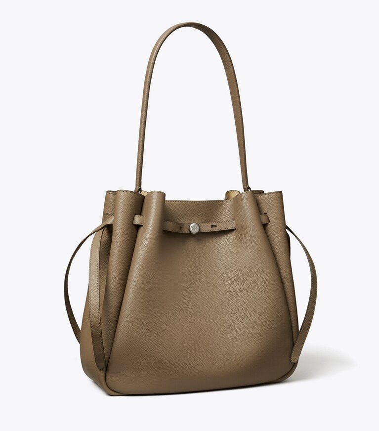 Tory Burch diseñador bolsos de hombro Bolso bucket grande Romy en Wild Mushroom ángulo