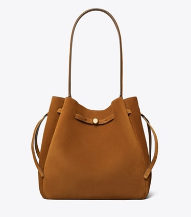 Tory Burch diseñador bolsos de hombro Bolso bucket grande Romy de ante en Caramel frontal