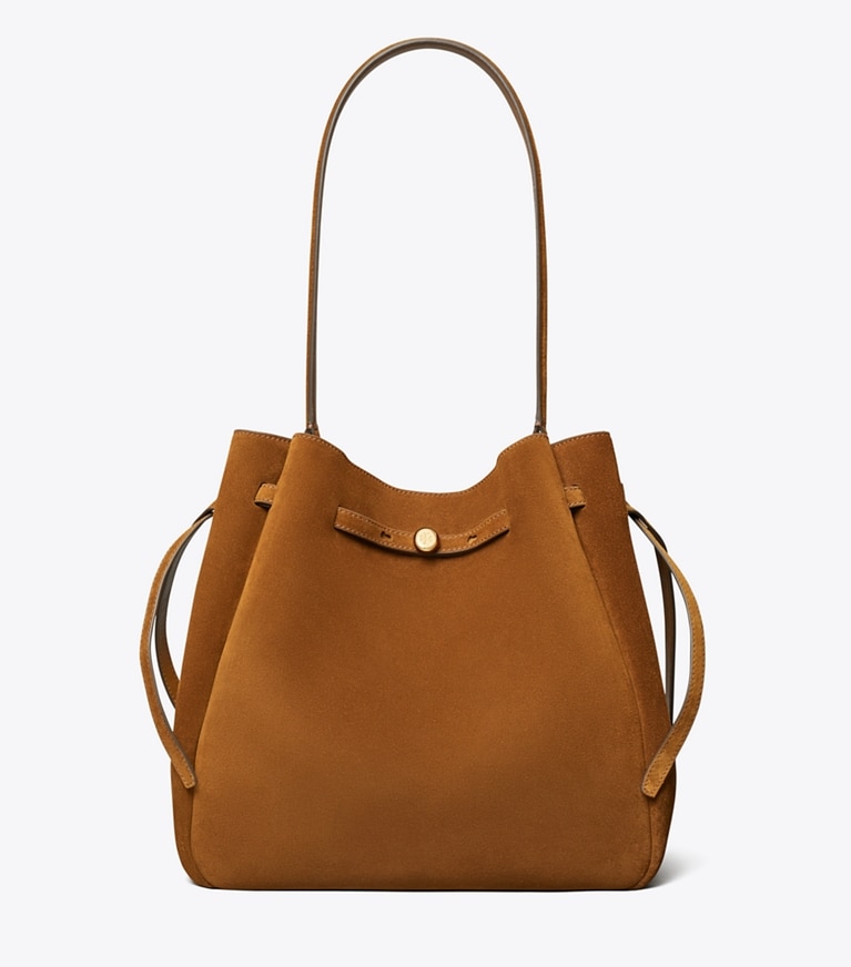 Tory Burch diseñador bolsos de hombro Bolso bucket grande Romy de ante en Caramel frontal