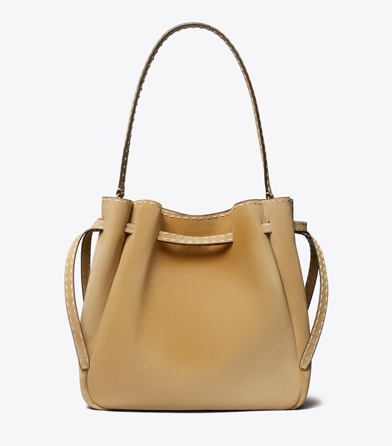 Tory Burch diseñador bolsos de hombro Bolso bucket grande Romy de gamuza con pespunte decorativo en Butter volver