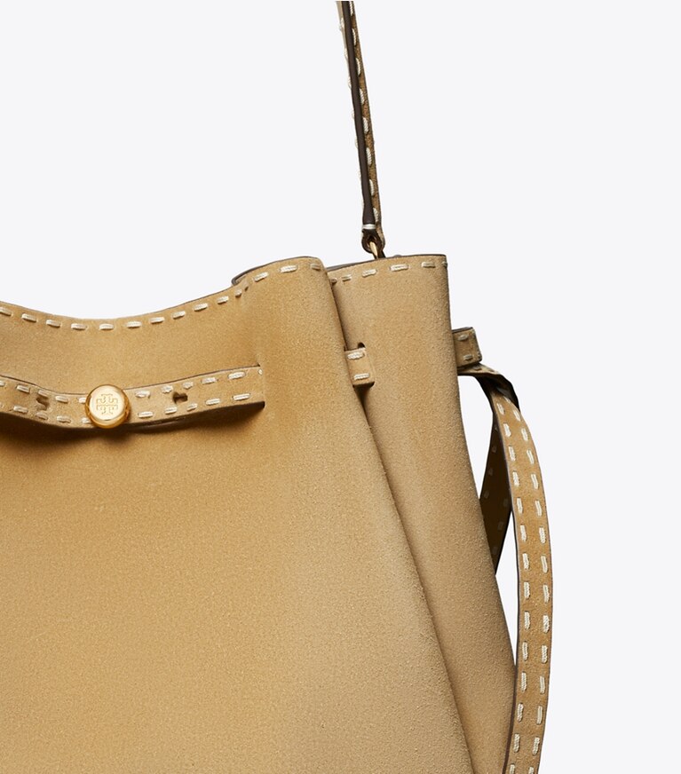 Tory Burch diseñador bolsos de hombro Bolso bucket grande Romy de gamuza con pespunte decorativo en Butter detalle