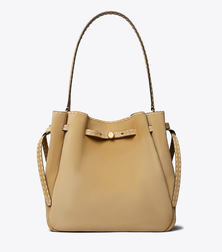 Tory Burch diseñador bolsos de hombro Bolso bucket grande Romy de gamuza con pespunte decorativo en Butter frente