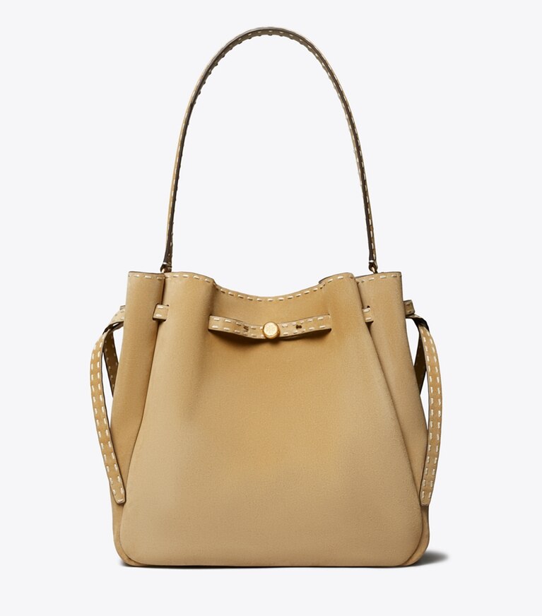 Tory Burch diseñador bolsos de hombro Bolso bucket grande Romy de gamuza con pespunte decorativo en Butter frente