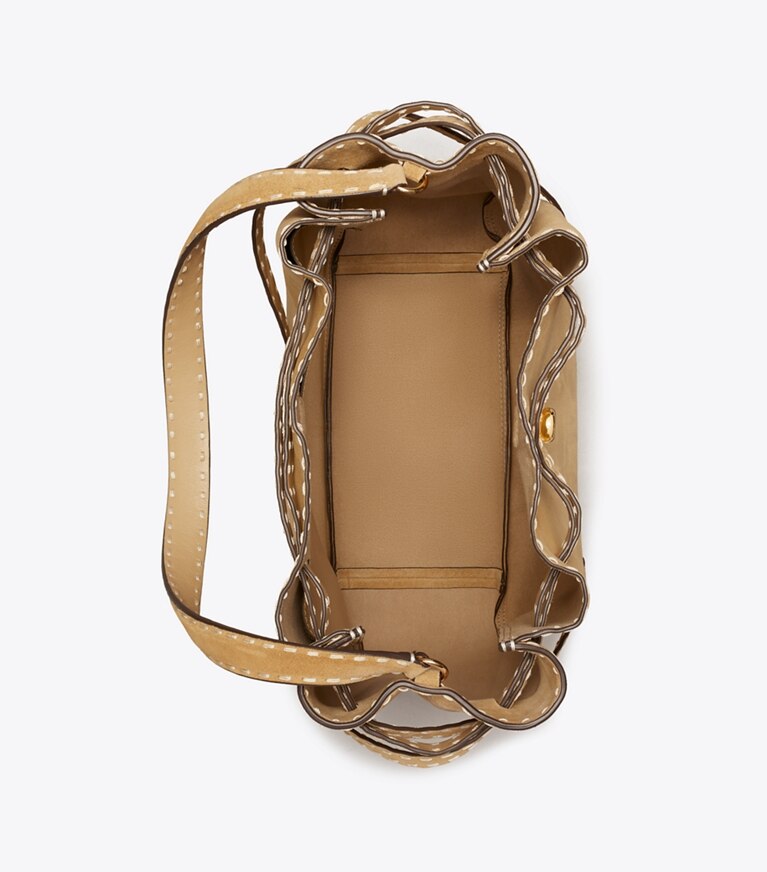 Tory Burch diseñador bolsos de hombro Bolso bucket grande Romy de gamuza con pespunte decorativo en Butter vista superior