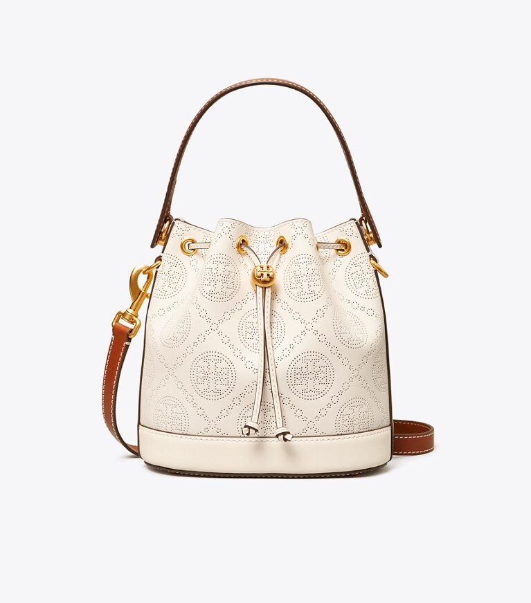 Tory Burch diseñador bolsos bandolera Bolso bucket perforado con monograma de T en NEW IVORY frontal
