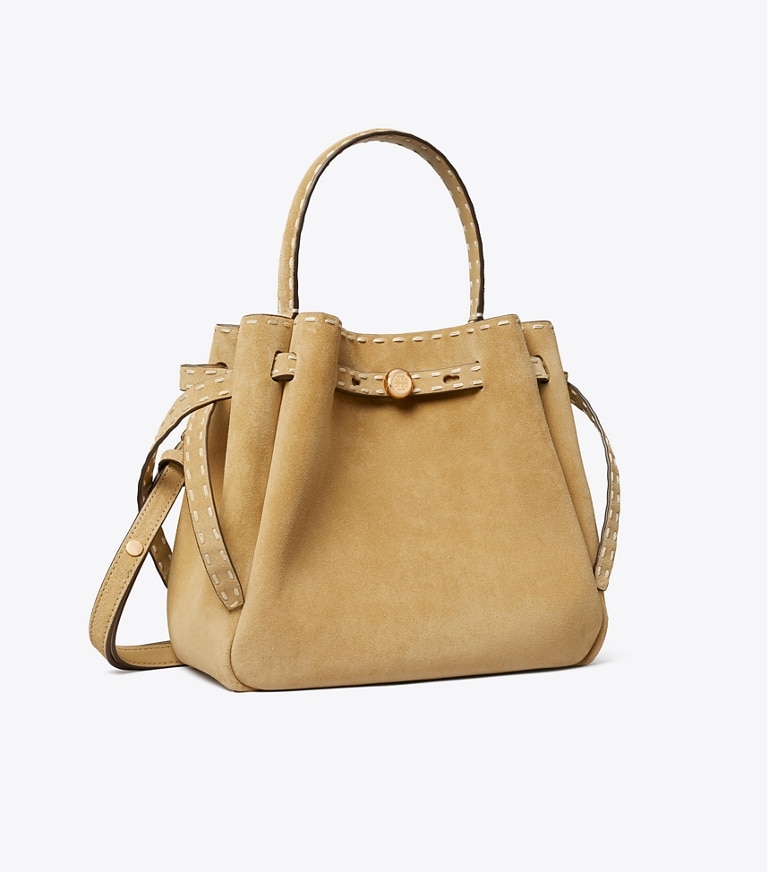 Tory Burch diseñador bolsos bandolera Bolso bucket Romy de ante con pespuntes en Butter ángulo