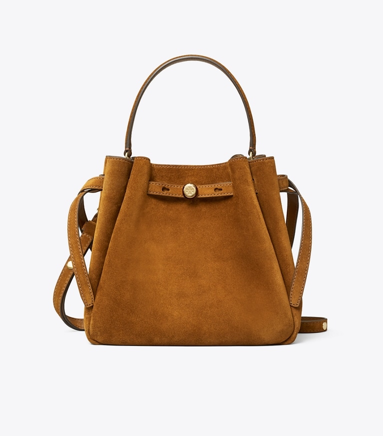 Tory Burch diseñador bolsos bandolera Bolso bucket Romy de ante en CARAMEL frontal