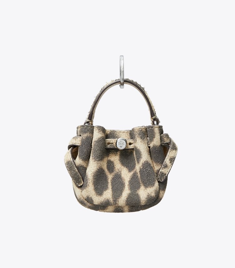 Tory Burch diseñador dijes para bolso y llaveros Bolso bucket Romy de gamuza con dije en Cheetah Spots frente
