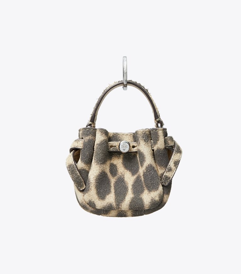 Tory Burch diseñador dijes para bolso y llaveros Bolso bucket Romy de gamuza con dije en Cheetah Spots frente