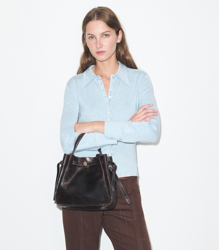 Tory Burch diseñador bolsos bandolera Bolso bucket Romy efecto desgastado en Dark Brown adicional en modelo