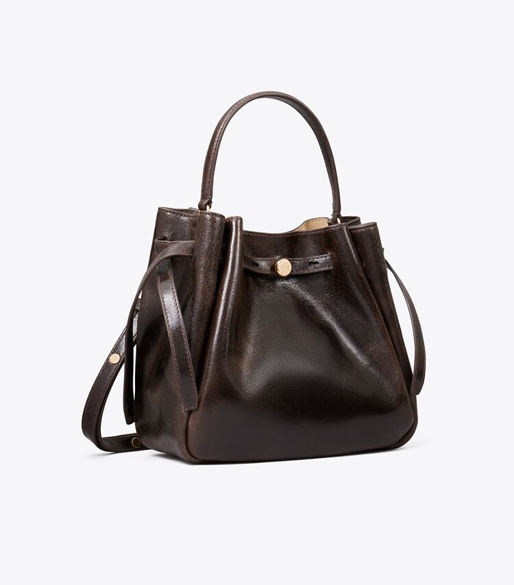 Tory Burch diseñador bolsos bandolera Bolso bucket Romy efecto desgastado en Dark Brown ángulo