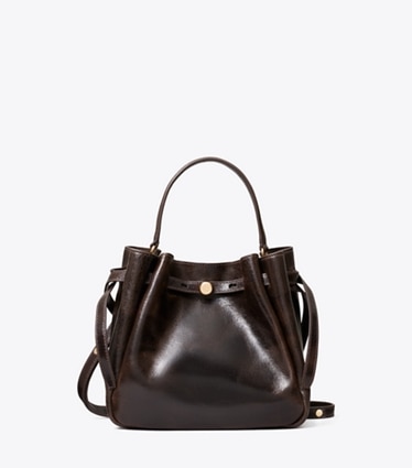 Tory Burch diseñador bolsos bandolera Bolso bucket Romy efecto desgastado en Dark Brown frente