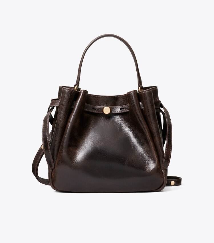 Tory Burch diseñador bolsos bandolera Bolso bucket Romy efecto desgastado en Dark Brown frente