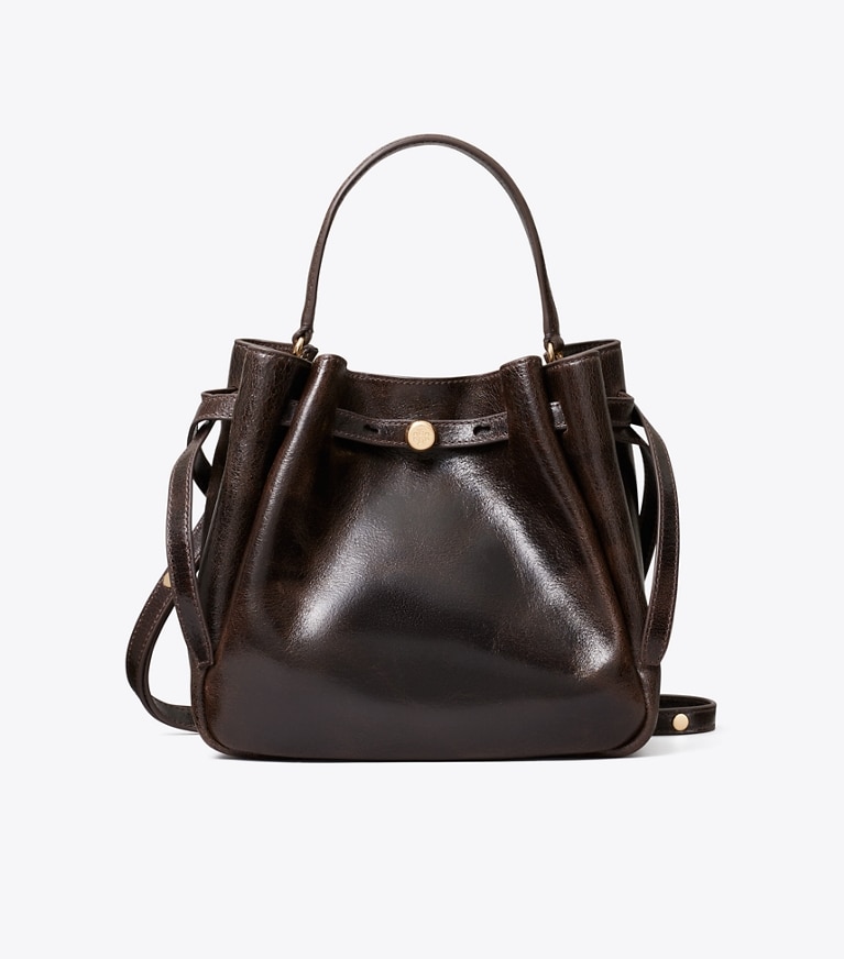 Tory Burch diseñador bolsos bandolera Bolso bucket Romy efecto desgastado en Dark Brown frente