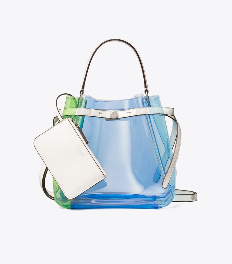 Tory Burch diseñador bolsos bandolera Bolso bucket Romy transparente con bloques de color en Pool Blue adicional