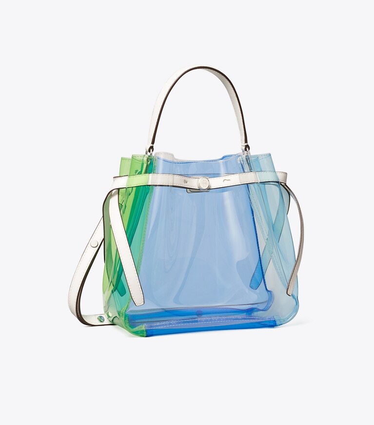 Tory Burch diseñador bolsos bandolera Bolso bucket Romy transparente con bloques de color en Pool Blue ángulo