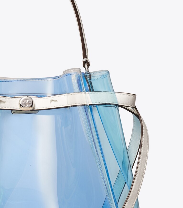 Tory Burch diseñador bolsos bandolera Bolso bucket Romy transparente con bloques de color en Pool Blue detalle