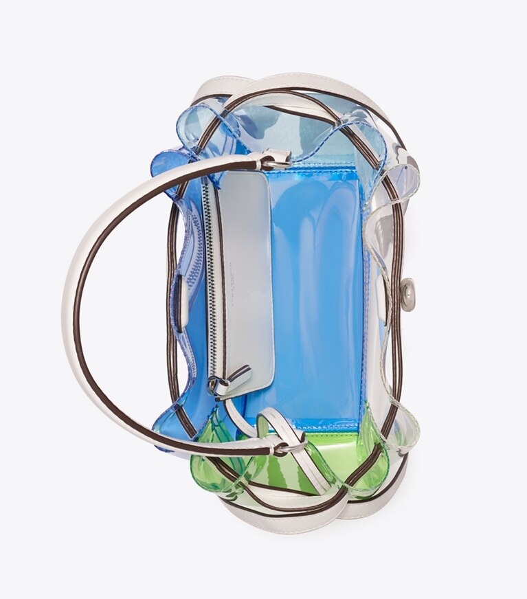 Tory Burch diseñador bolsos bandolera Bolso bucket Romy transparente con bloques de color en Pool Blue vista superior