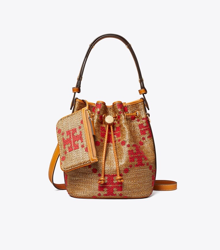 Tory Burch diseñador bolsos bandolera Bolso bucket tejido con monograma en T en Natural adicional