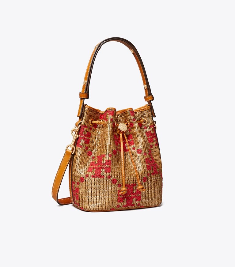 Tory Burch diseñador bolsos bandolera Bolso bucket tejido con monograma en T en Natural ángulo