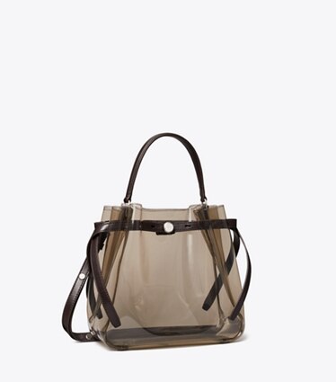 Tory Burch diseñador bolsos bandolera Bolso bucket transparente Romy en Root Beer Float ángulo