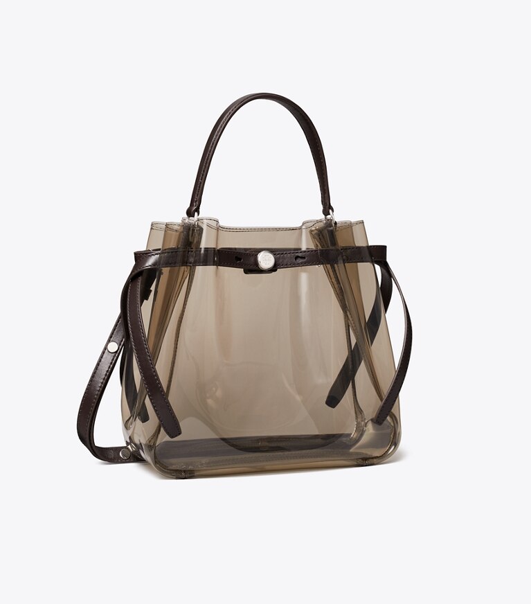 Tory Burch diseñador bolsos bandolera Bolso bucket transparente Romy en Root Beer Float ángulo