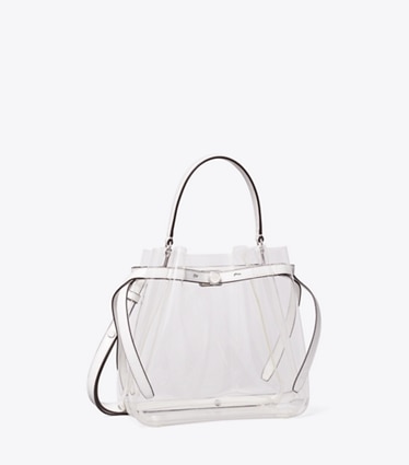 Tory Burch diseñador bolsos bandolera Bolso bucket transparente Romy en Crystal Clear ángulo