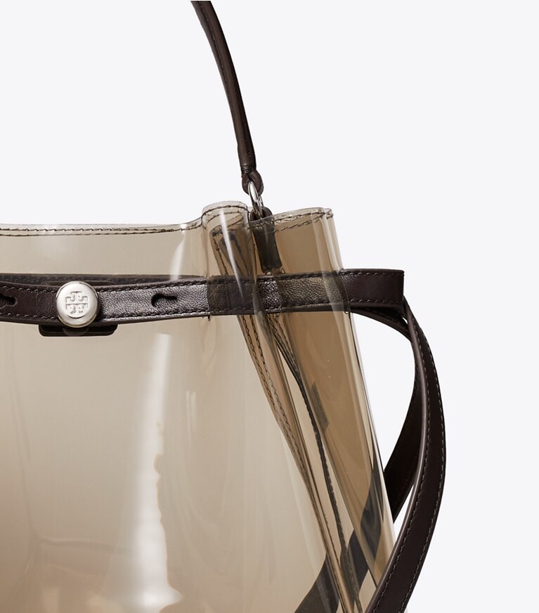 Tory Burch diseñador bolsos bandolera Bolso bucket transparente Romy en Root Beer Float detalle