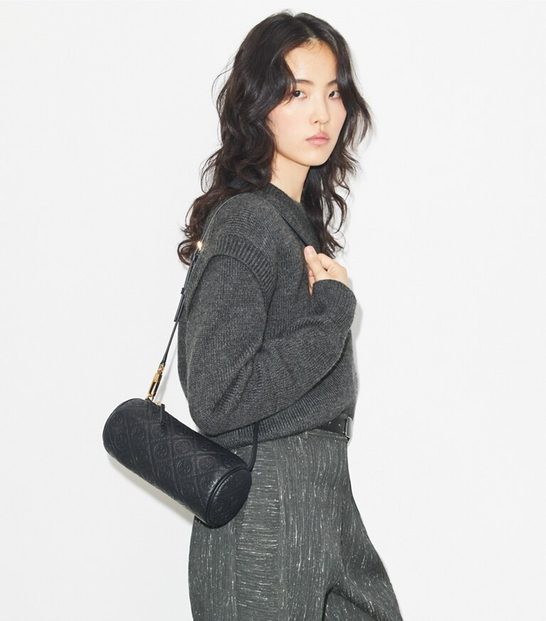 Tory Burch diseñador bolsos bandolera Bolso cilíndrico con monograma de T granulado en Black accesorio en el modelo