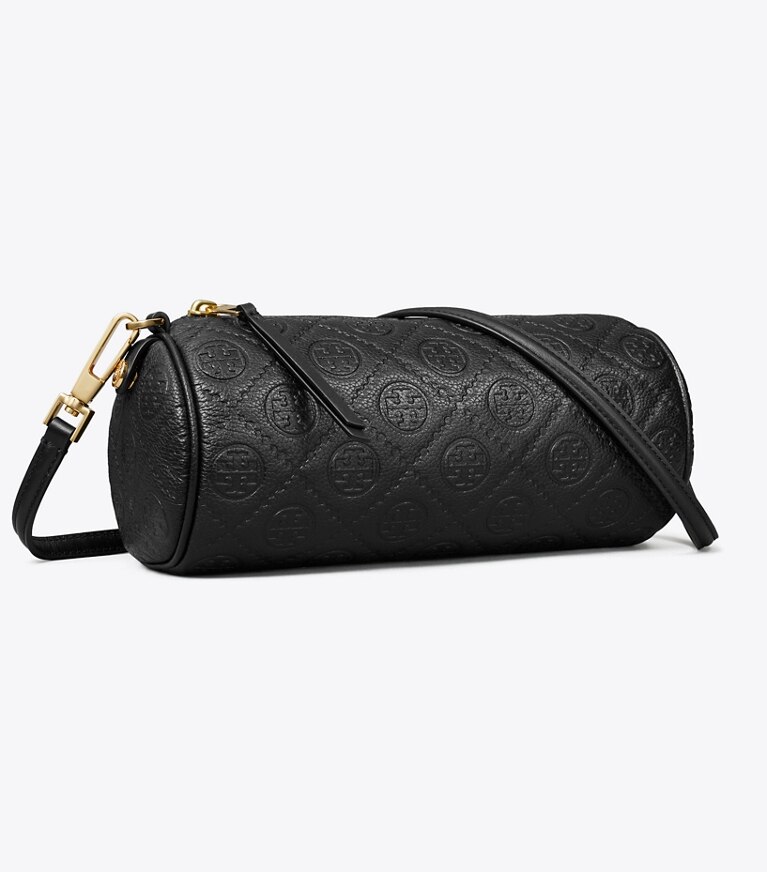 Tory Burch diseñador bolsos bandolera Bolso cilíndrico con monograma de T granulado en Black ángulo
