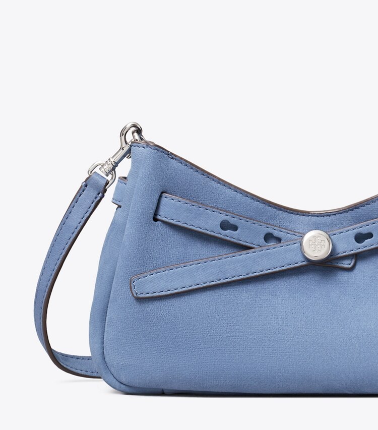Tory Burch diseñador bolsos bandolera Bolso cruzado de nobuk con cierre superior Romy en Soft Blue detalle