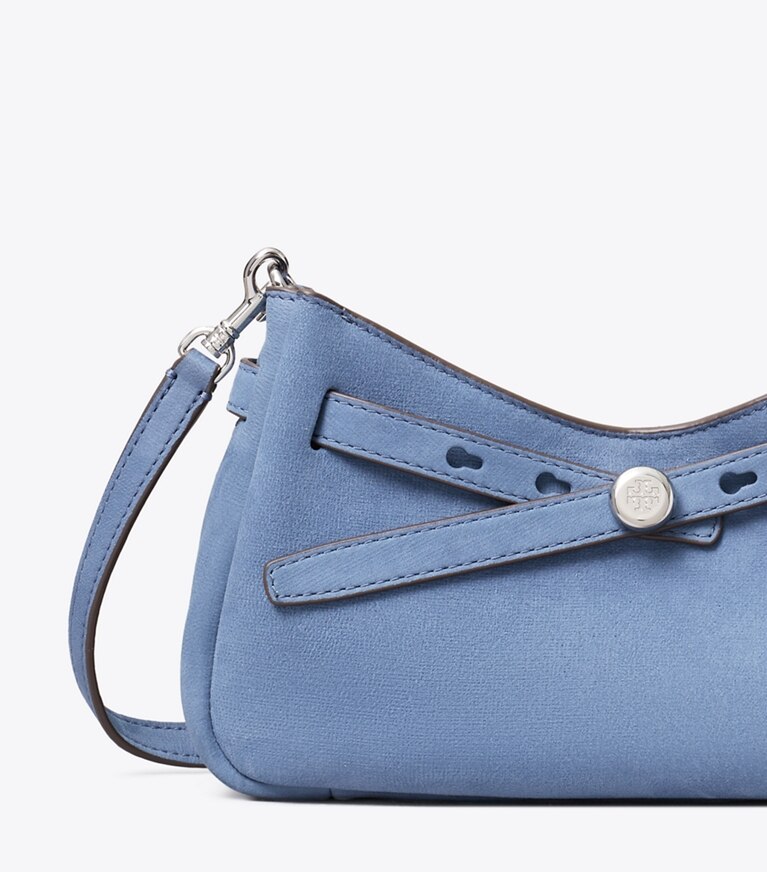 Tory Burch diseñador bolsos bandolera Bolso cruzado de nobuk con cierre superior Romy en Soft Blue detalle