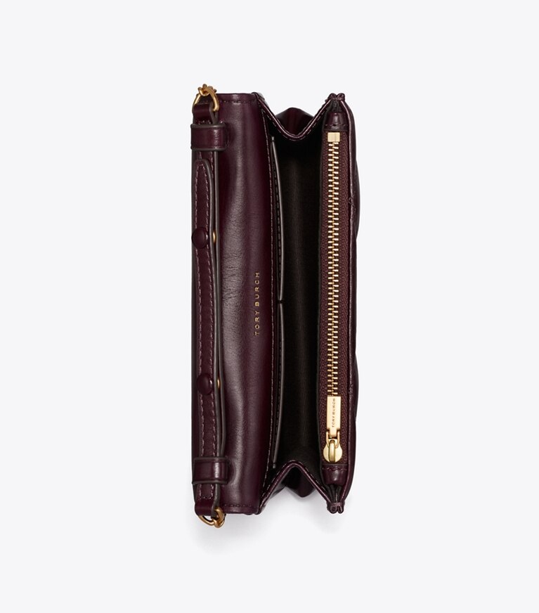 Tory Burch diseñador bolsos bandolera Bolso cruzado Mini Kira Diamond Quilt con asa superior y acabado desgastado en Dark Carmine / GOLD desde arriba