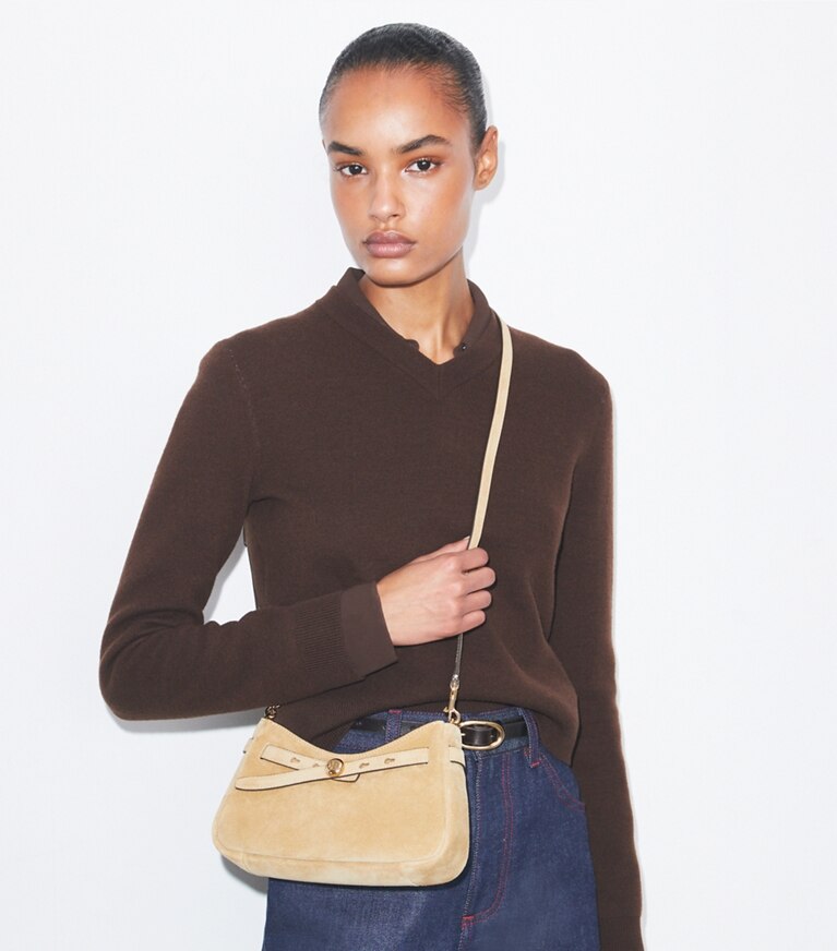 Tory Burch diseñador bolsos bandolera Bolso cruzado Romy de gamuza con cierre en la parte superior en Butter accesorio en modelo